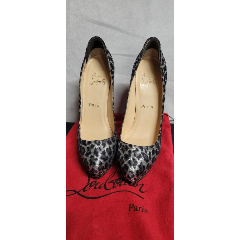 Silver And Black Animal Print Christian Louboutin Canvas Platform Pumps Size 40 - Picture 2 of 12